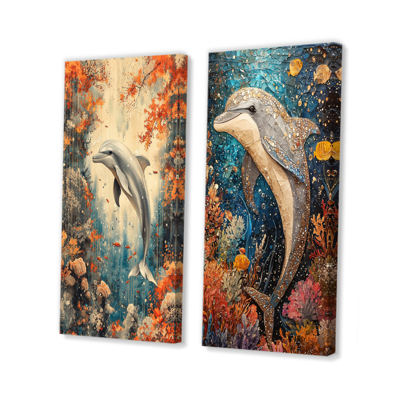 Danse du dauphin au-dessus d'un corail I - Collection d'art mural animaux 2 pièces, H 40 po x l 41 po, Toile tendue