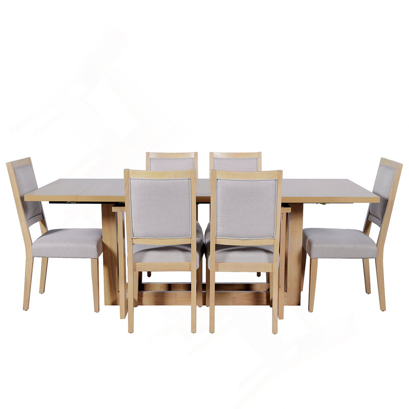 Ensemble de table de salle à manger extensible 7 pièces avec table à tréteaux et 6 chaises rembourrées, Naturel, Naturel