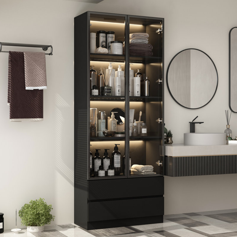 Four Shelves Two Drawers Bathroom Linen Cabinet With Light And Tempered Glass Doors, Matte Black