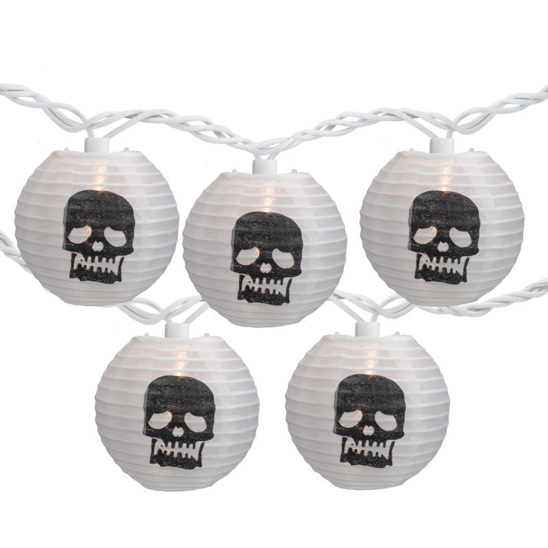 Lanterne en papier 10 têtes blanches et noires 10 lumières d'Halloween en fil blanc 8,5 pi