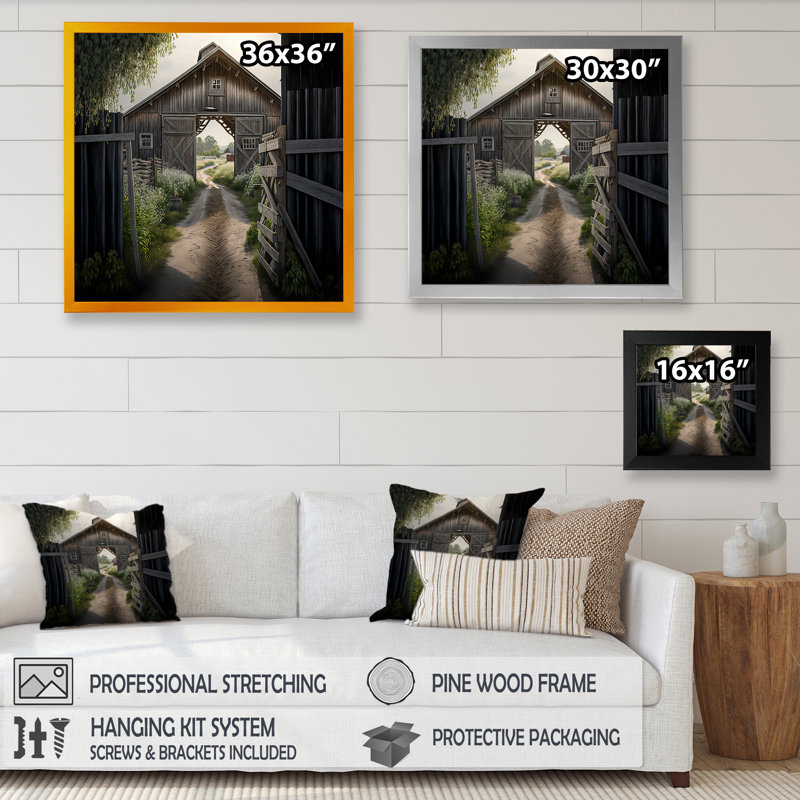 Pittoresque chemin sinueux et grange I - Barn Farm Ranch, impressions sur toile, H 30 po x l 30 po x P 1 po