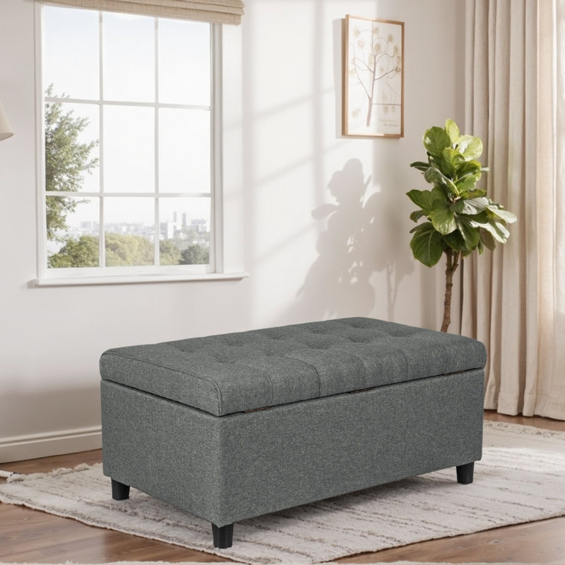 Linen Blend Upholstered Storage Bench, Gray