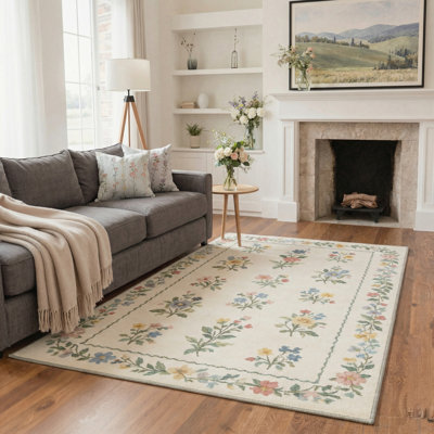 Tapis à motif floral rétro Aaron, lavable à la machine, faux cachemire doux et envers antidérapant Aaron