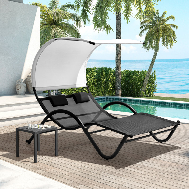 Harnden Outdoor Metal Double Chaise Lounge with Canopy, Black