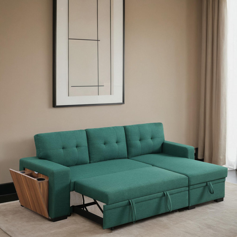 3 - Piece Upholstered Pull Out Sectional Sleeper Sofa With Storage Chaise, Green Linen Blend