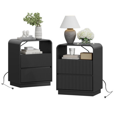 21.6"W Rustic 3-Drawer Nightstand Set of 2 with Charging Station, Farmhouse Fluted Bedside Cabinet for Bedroom, Curved Profile Design