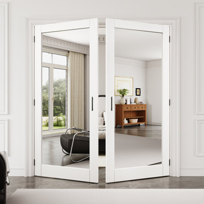 72" x 80" 1-Lite Mirror Interior French Door with Black Hardware & Ball Catch & Handle, One Side Mirror, Paintable & Waterproof, Suit for Laundry, Closet Doors, Room Doors, Assembly Required