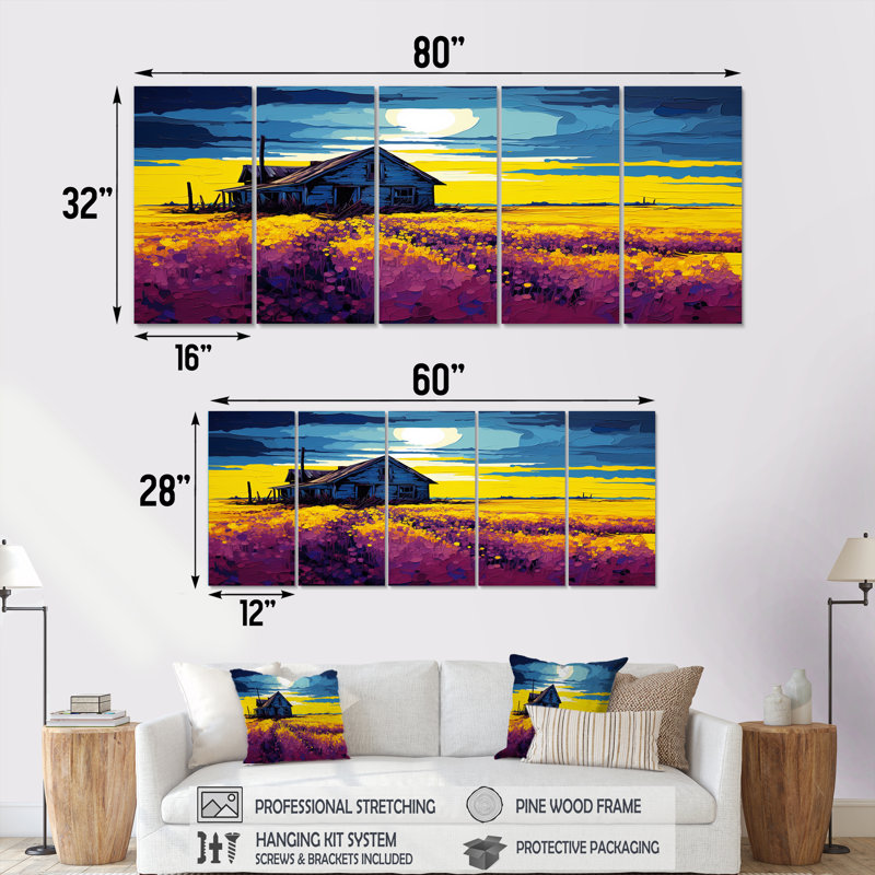 «White Country House Lavender Field Sunset», art mural paysage sur toile 5 pièces, H 32 po x l 80 po