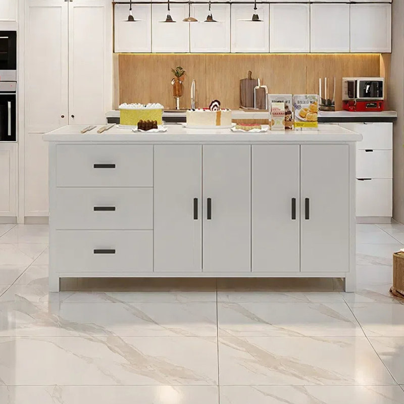 Îlot de cuisine 70,86 po avec plateau en marbre, base en bois massif et armoires de rangement