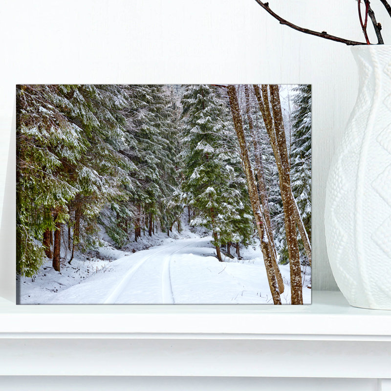 «Winter Forest», reproduction d'art sur toile, route enneigée dans la forêt, H 34 po x l 44 po, Avec cadre, Blanc