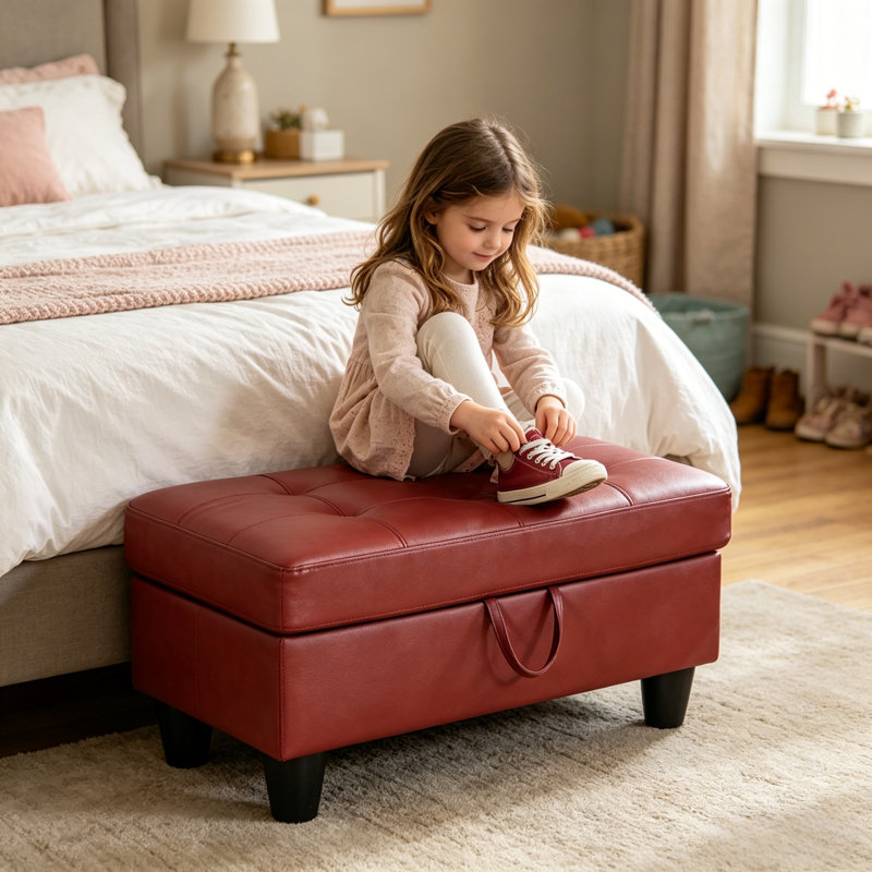 Repose-pieds de rangement rectangulaire en similicuir de 35 po de largeur, Similicuir rouge