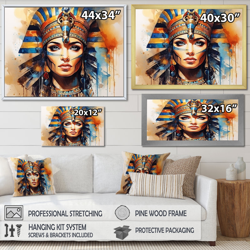 Or et bleu, pharaon égyptienne, beauté IV - Égypte, art mural, Cadre doré à coins fermés, H 30 po x l 40 po x P 1,5 po