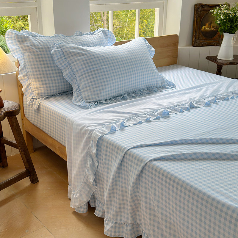 Ensemble de draps Gingham Ruffle, Vichy bleu pâle, Très grand lit