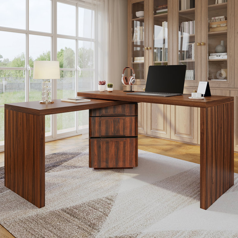 Bureau moderne en forme de L en noyer avec 3 tiroirs, Noyer