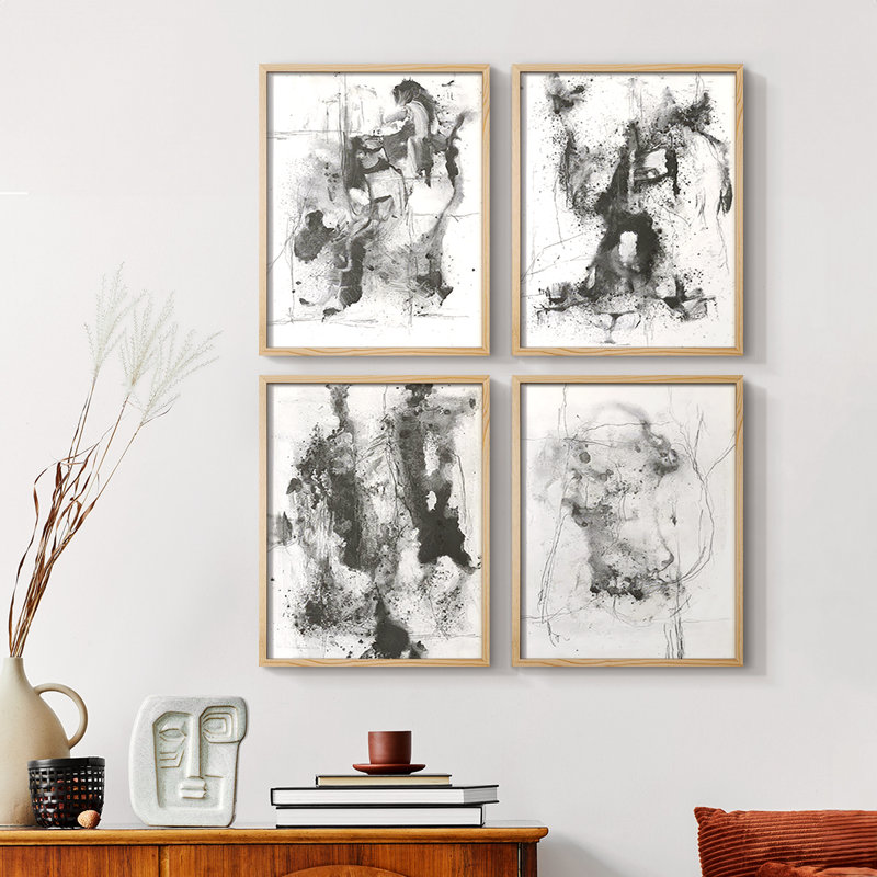 Graphite abstrait I, reproduction encadrée - ensemble de 4, H 10 po x l 32 po