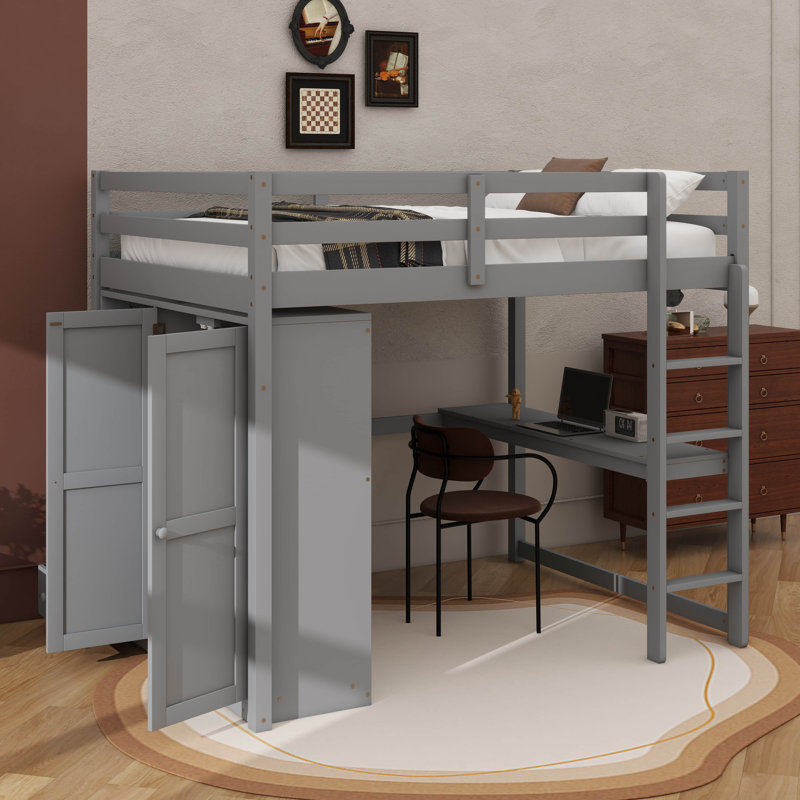 Lit surélevé pleine grandeur en bois avec placard, bureau, étagères et tiroirs intégrés, Gris