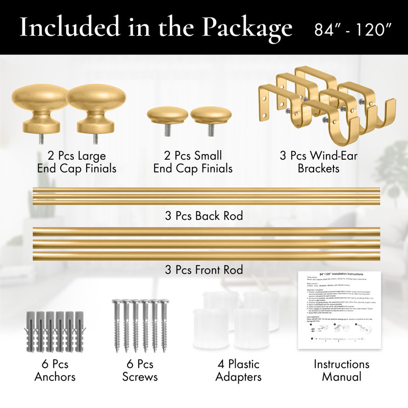 Adjustable Double Curtain Rod, Gold, 84" - 120"