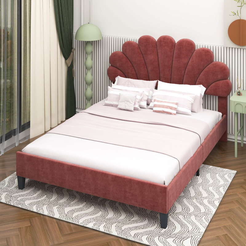 Lit plateforme tapissier avec tête de lit en velours à motif floral, Pâte de haricots rouges, Grand