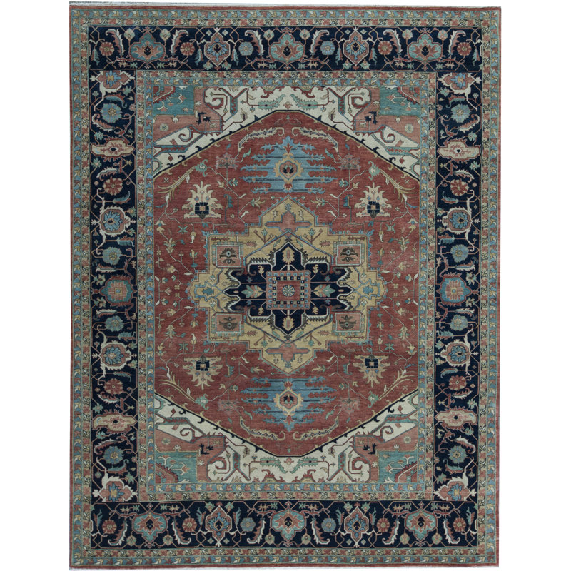 Tapis rouge et bleu noué à la main de haute qualité