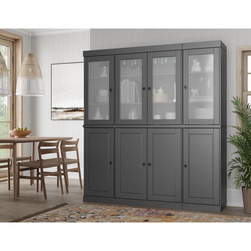 Vaisselier 100% bois massif 65 "avec portes en verre givré massif, 2 tiroirs et tablettes réglables, Gris