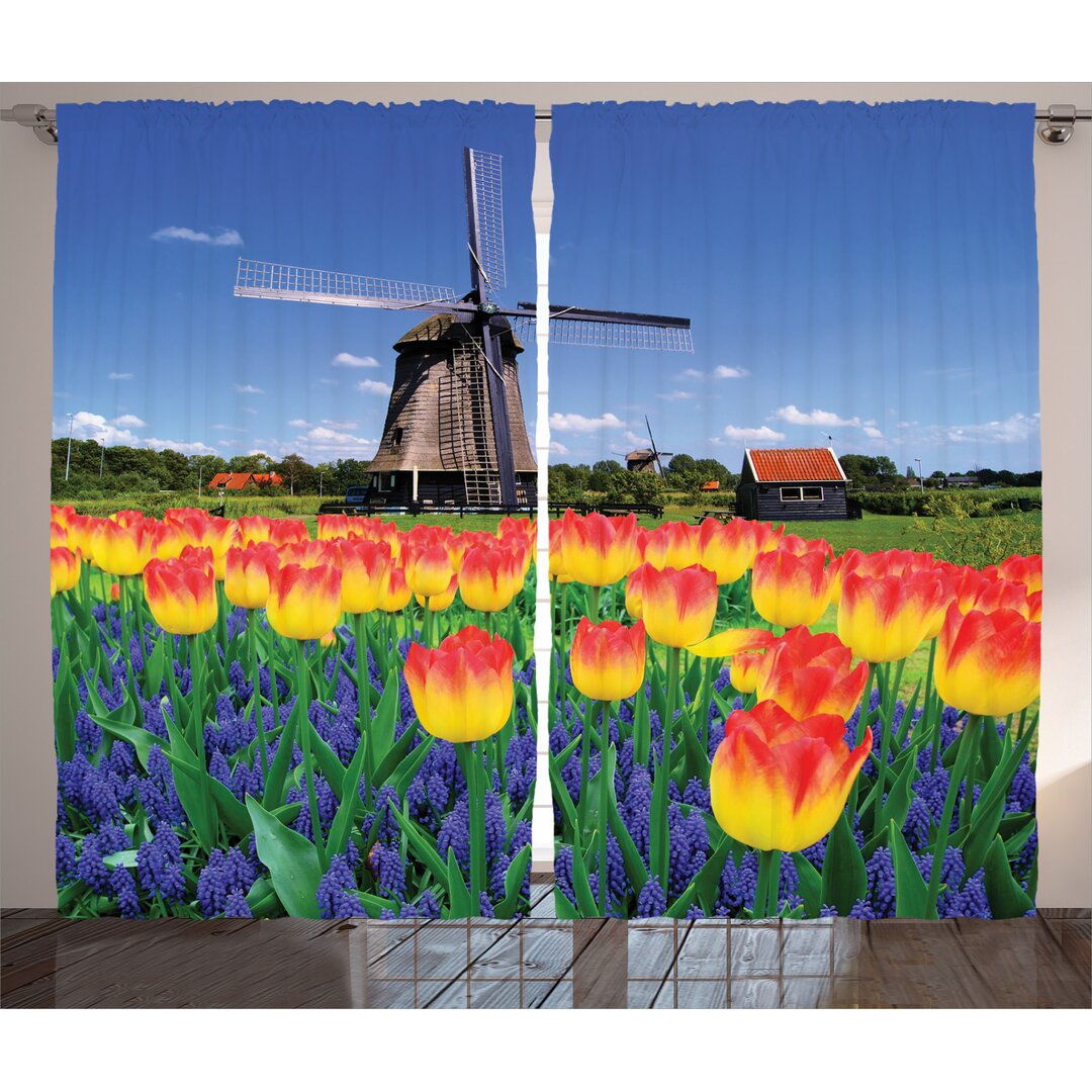 Rustikaler Vorhang, Blooming Tulip Windmill, Blume, Gelb / Blau