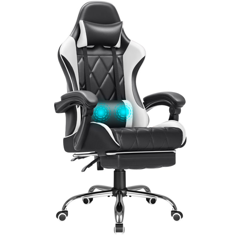 The Twillery Co.® Adjustable Reclining Ergonomic Faux Leather Swiveling PC & Racing Game Chair with Footrest, White