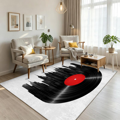 Black Machine Washable,Vinyl City Record Music Turntable Indoor Area Rug