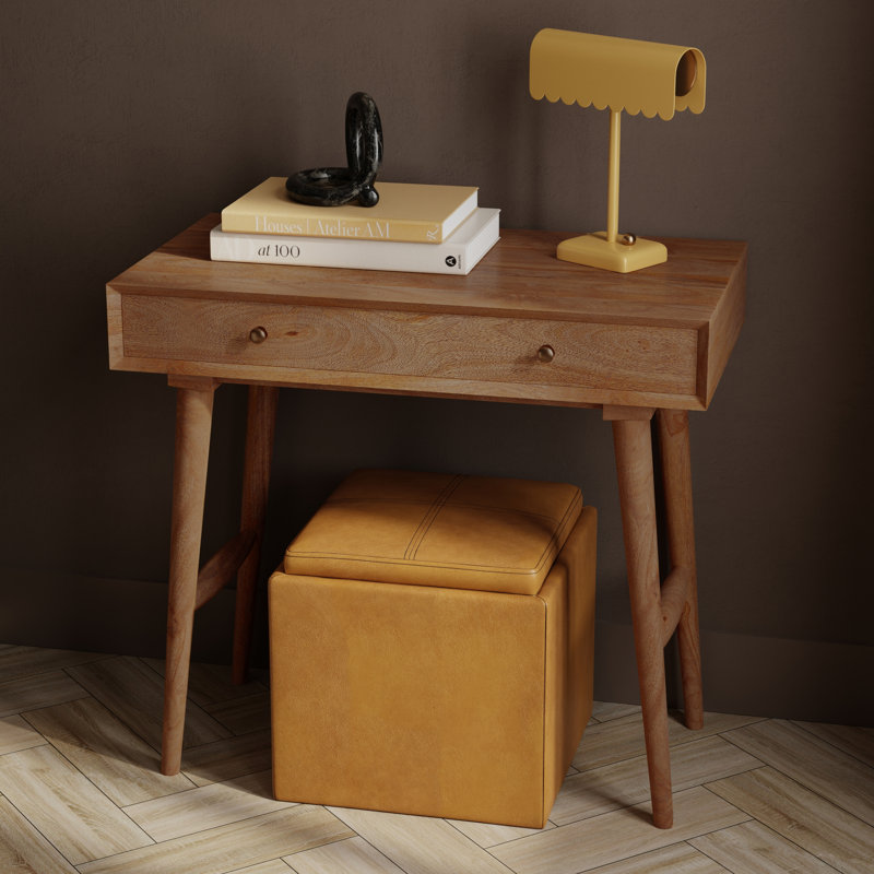 Alann Solid Wood Writing Desk with Built-In Outlets/USB, Honey Brown, Brown