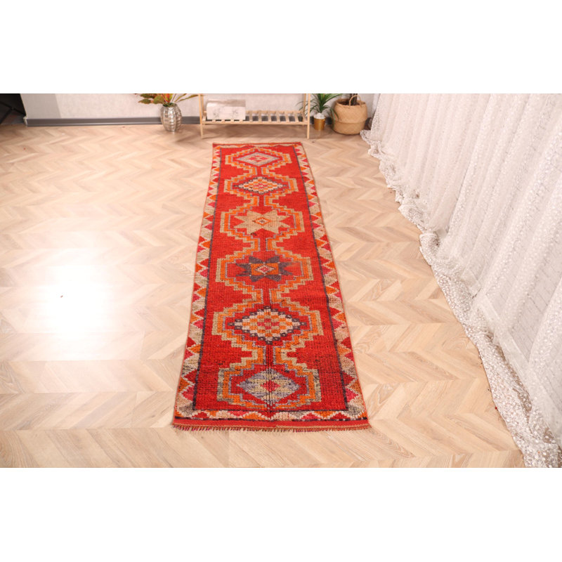 Handmade Turkish Runner Rug with Geometric Patterns in Vintage Red Wool for Hallway Decor