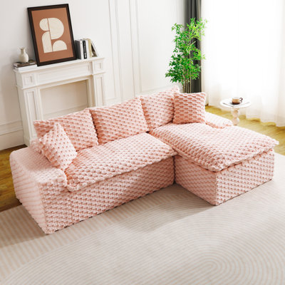 Canapé polyvalent en velours rose tortue: méridienne convertible à deux places et à droite avec sièges face à face, permutable entre la forme en L et la forme droite