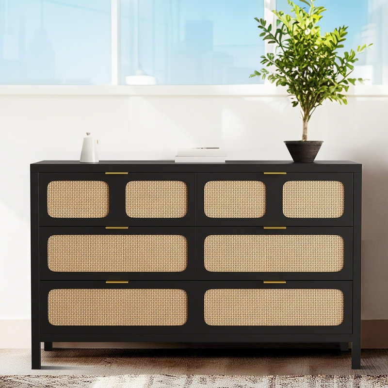 6 Drawer Cabinet, Rounded Corner MDF Dresser, Storage Chest for Bedroom, Black
