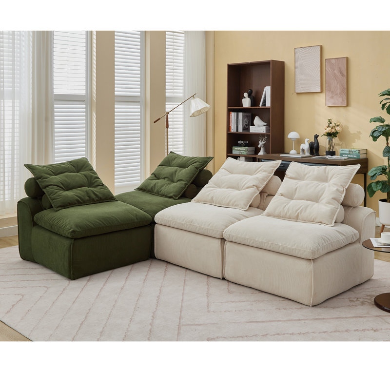 Canapé modulaire rembourré avec cou et coussin lombaire Fierro, Velours côtelé beige / vert