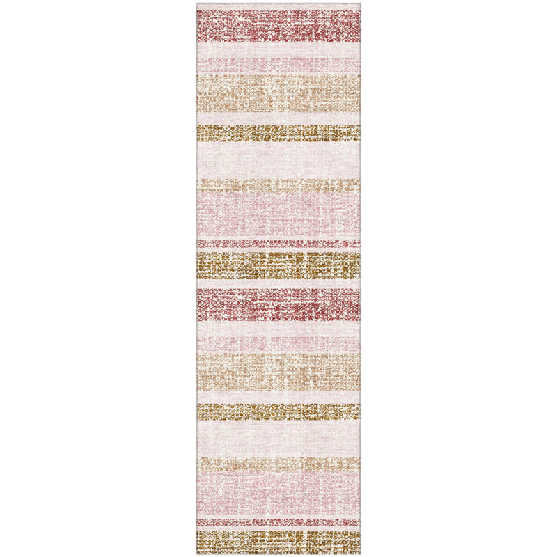 Premium Machine Washable Mayfield AMF2122 Striped Rug, 2'3" x 7'6" Runner, Pink