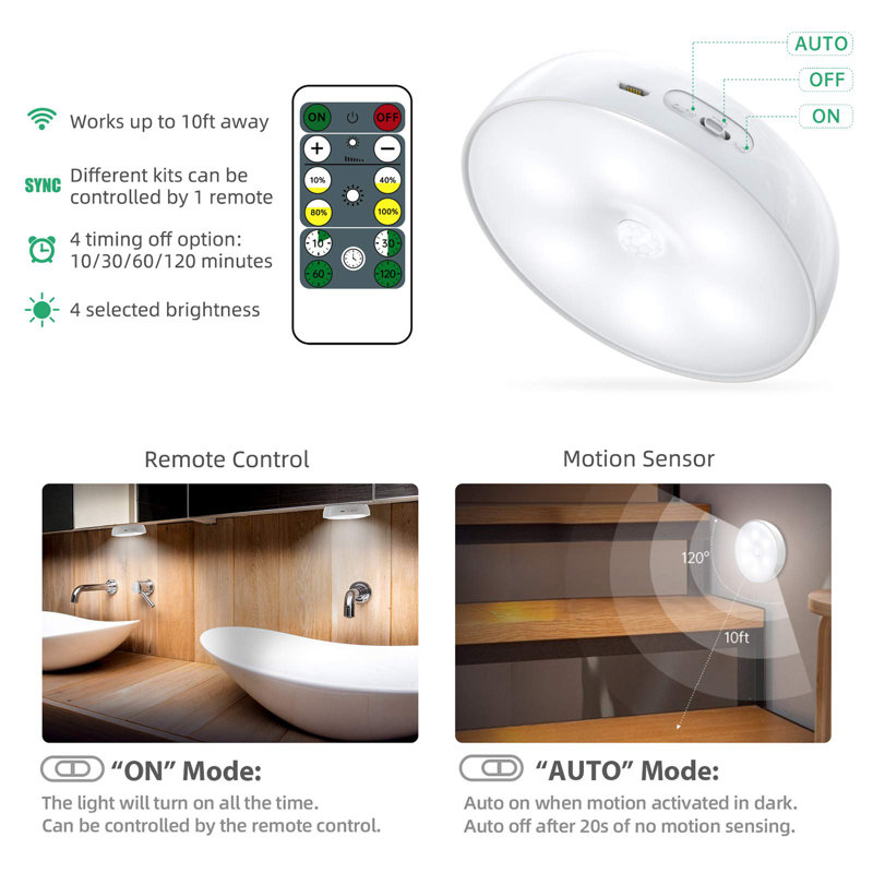 LED Closet Lights Wireless Motion Sensor Puck Light With Remote Control,USB Rechargeable Puck Lights, Dimmable Under Cabinet Indoor Lighting Magnet Stick-On Light For Counter Kitchen Wardrobe (6 Pack)