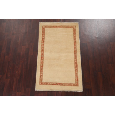 Tapis beige noué à la main de conception unique 3 pi 1 po x 5 pi 4 po