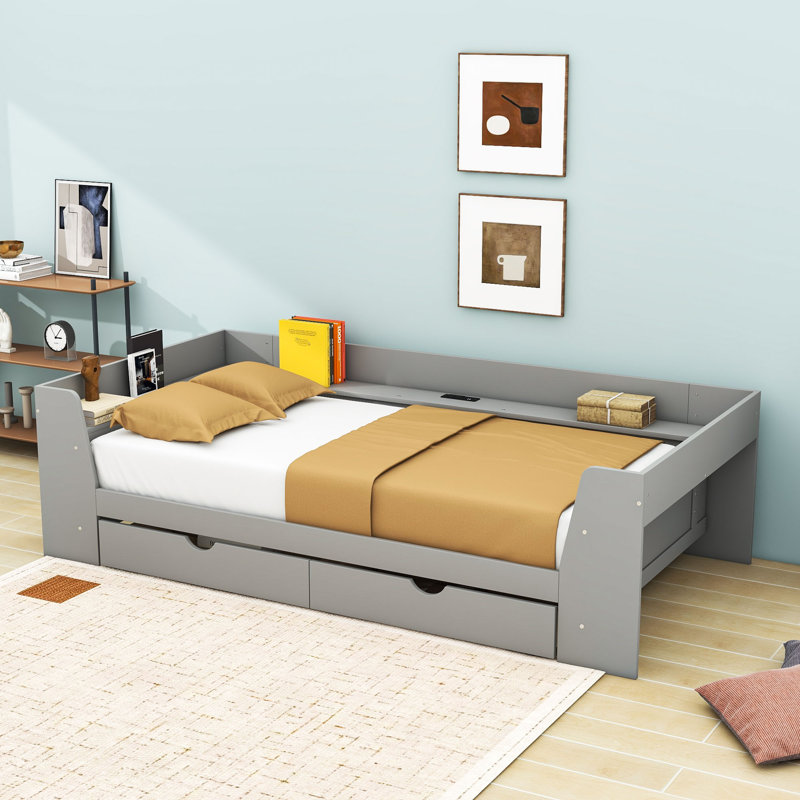 Lit de jour simple en bois avec tablettes intégrées, tiroirs et station de charge, Gris