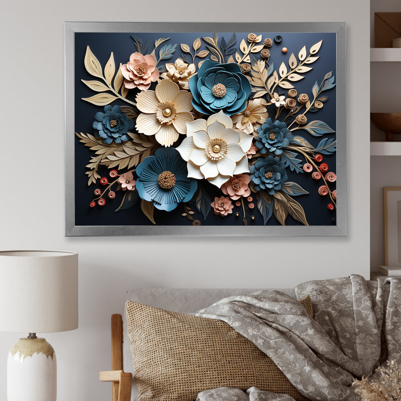 Orchidée blanche et bleue, branches d'arbres dorées III - art mural floral abstrait, Cadre flottant noir