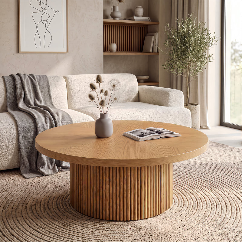 Ensemble de 2 tables basses et table de bout cannelées en bois massif avec base cylindrique, tables de salon modernes fabriquées à la main