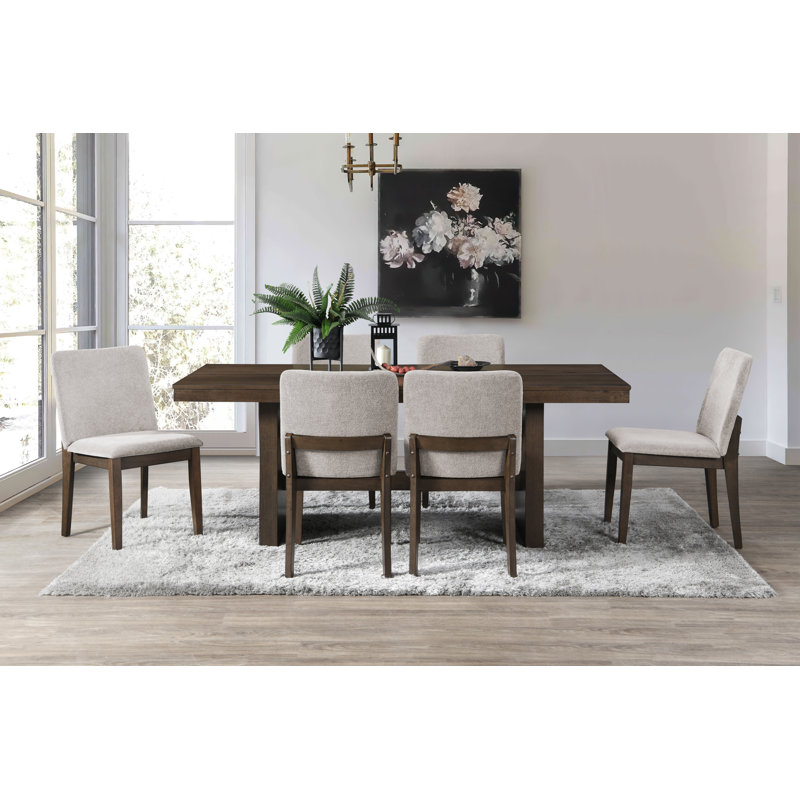 Darrah 7-Piece Wood Dining Table Set With 6 Upholstered Chairs In Beige, 7 Pieces: Table, 6 Chairs, Beige