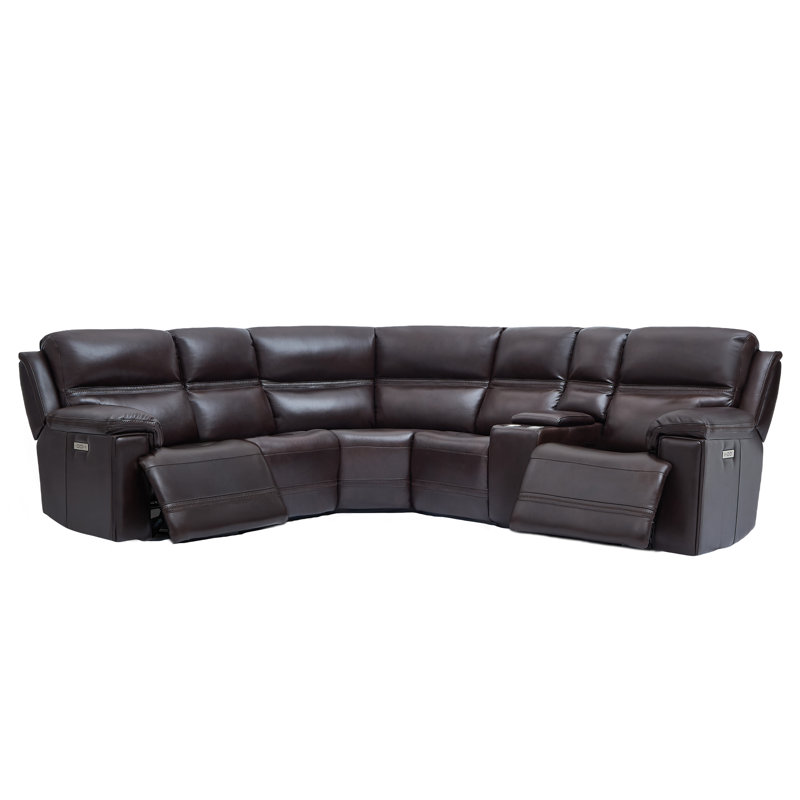 Canapé modulaire à 5 places modulaire en cuir véritable avec port USB intégré et console Zero Gravity, Cuir brun foncé
