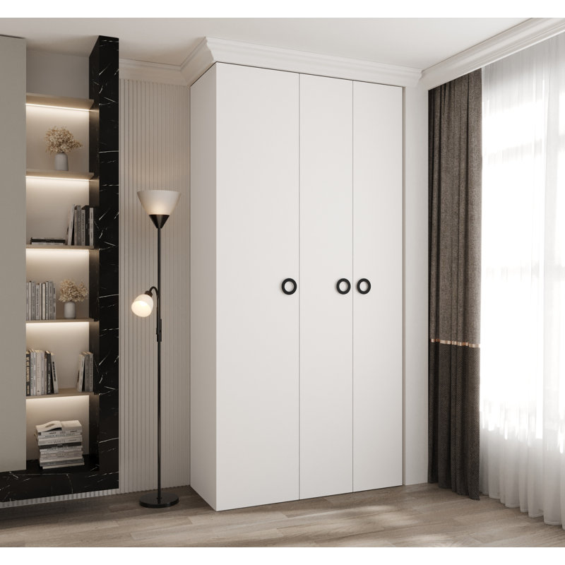 3 Door Manufactured Wood Wardrobe, 245cm H x 120cm W x 40cm D, White Matt/Black Hanlde