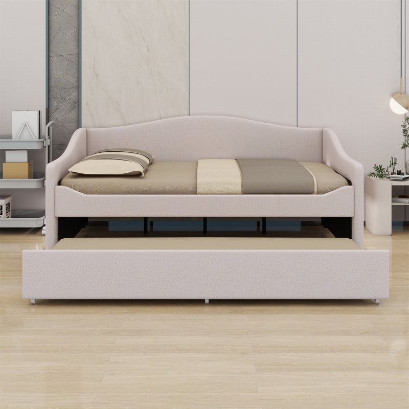 Full Size Upholstered Daybed With Light And Trundle, Beige