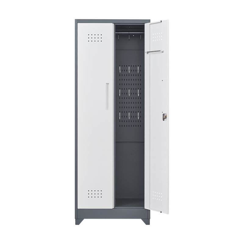 Armoire de rangement à balais avec portes et tablettes verrouillables, Gris / Blanc
