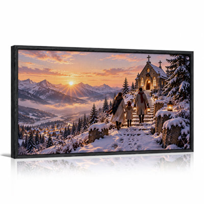 «Family Walk to Stone Church On Snowy Mountain Christmas», art mural sur toile