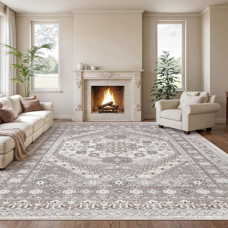 Medallion Non Slip Washable Rug(Brown), Rectangle 10' x 14'