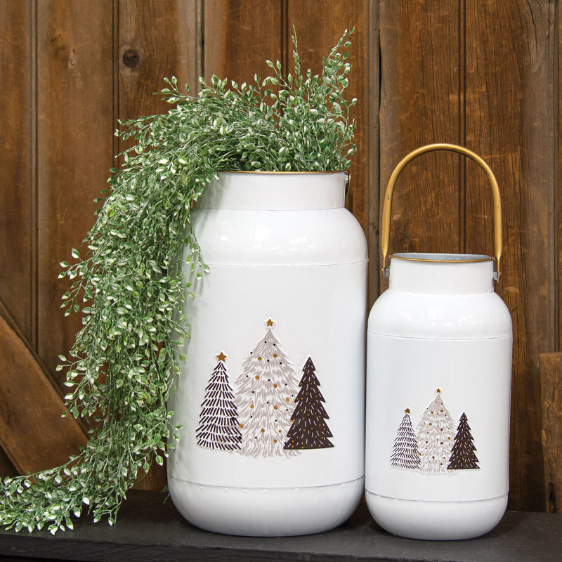 2/Set, White Milk Cans with Embossed Trees