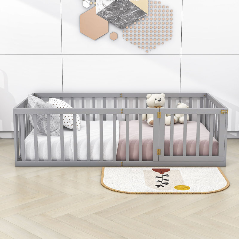 Hajer Wood Platform Bed with Fence and Door, Gray, Twin