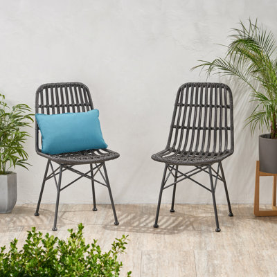  Ensemble de 2 chaises de salle à manger d'extérieur en osier sans accoudoirs, résistantes aux intempéries avec pieds en métal, gris