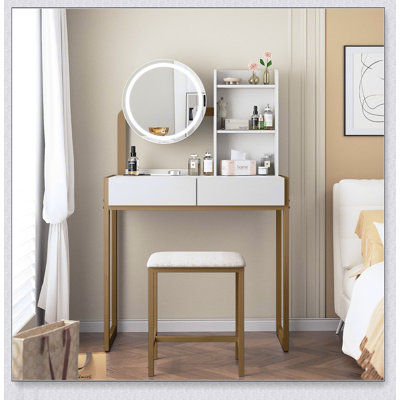 Compact Makeup Vanity Desk with LED Mirror, 3 Lighting Modes, Power Outlet, Drawer, Open Shelves, and Cushioned Stool for Small Bedrooms