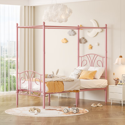 Lit simple à baldaquin en métal avec tête de lit et rangement, lit plateforme pour enfants moderne